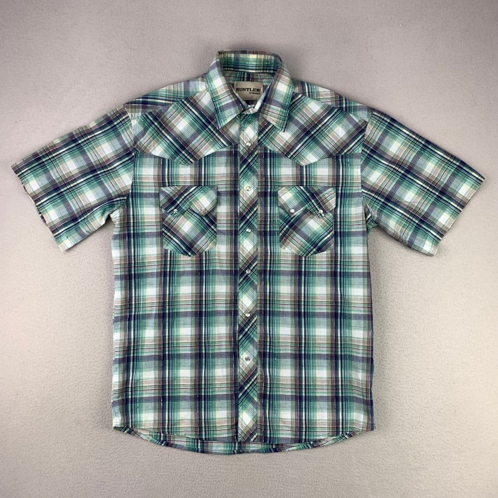 Rustler by Wrangler Western Shirt Mens M Green Plaid Pearl Snap Short Sleeve